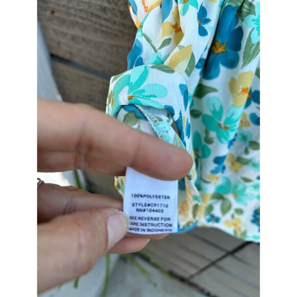 Mine Ruffle, Flowy, Ruched Tank Top, Turquoise, Yellow, White, Size: Large - Picture 5 of 6